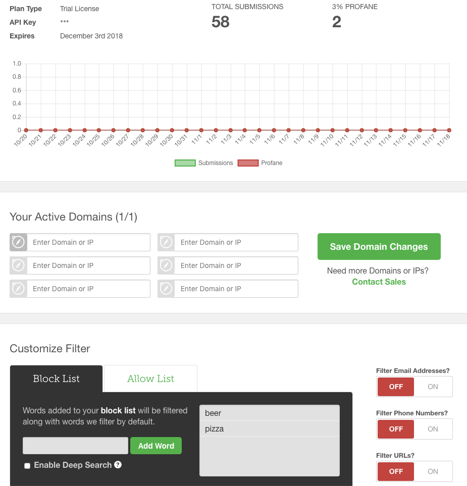 WebPurify admin dashboard for comment sections